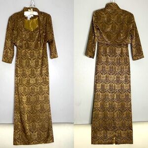 Vintage Lillie Rubin Gold paisley embossed beaded straight gown & jacket size 4